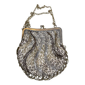 La Regale Hand‑Beaded Evening Purse Gold Bronze Silver Beads Hong Kong VTG EUC